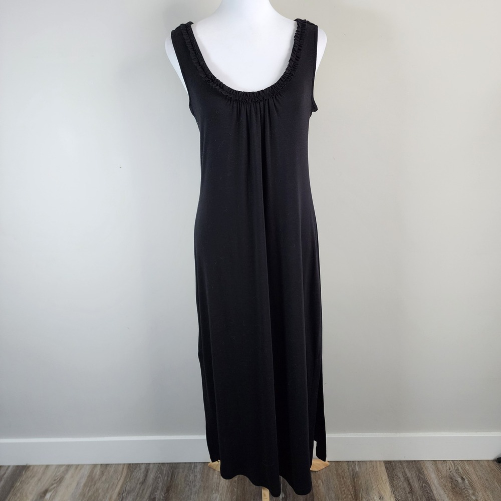Jones New York Maxi Dress Womens Medium Black Ruffle Neck Sleeveless Jersey